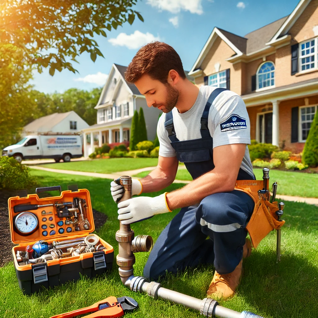 An image of a professional plumber from Durance Plumbing Services working diligently on a residential plumbing system in Olney, MD. The plumber is dressed in clean, branded work attire featuring the Durance Plumbing logo. A well-maintained yard and a suburban home are visible in the background, while a branded toolbox is placed nearby. The plumber is seen using modern tools to fix a pipe, highlighting expertise and reliability. The overall setting is sunny and welcoming, reflecting professionalism and trustworthiness."