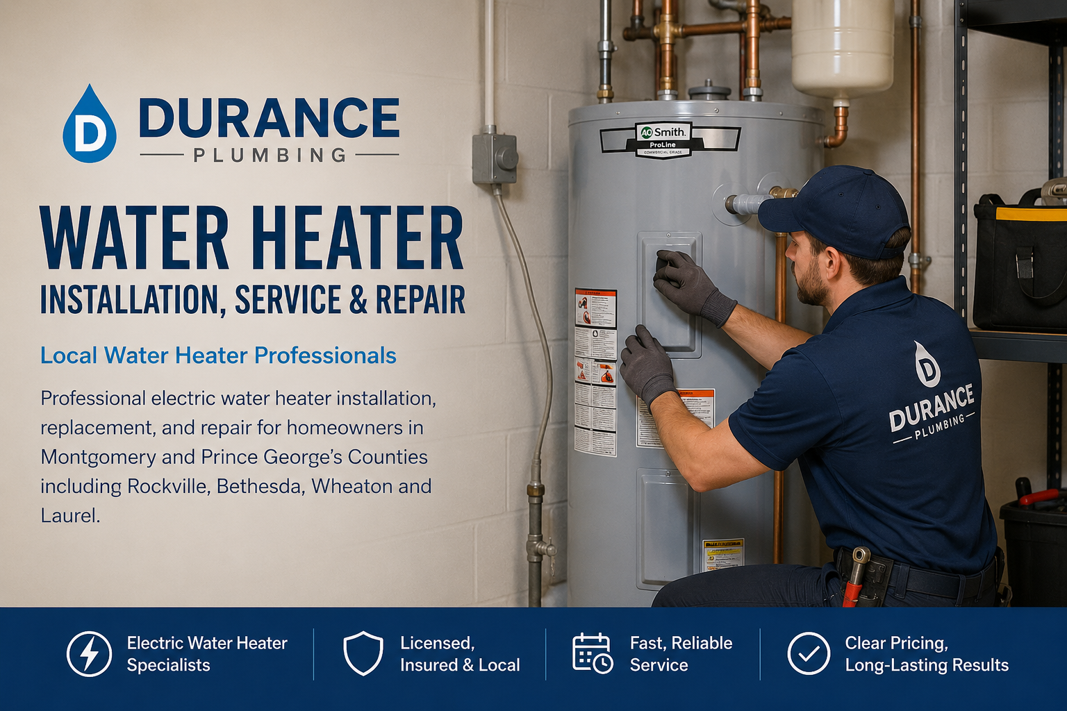 Durance Plumbing — local water heater professionals serving Montgomery and Prince George's Counties, Maryland